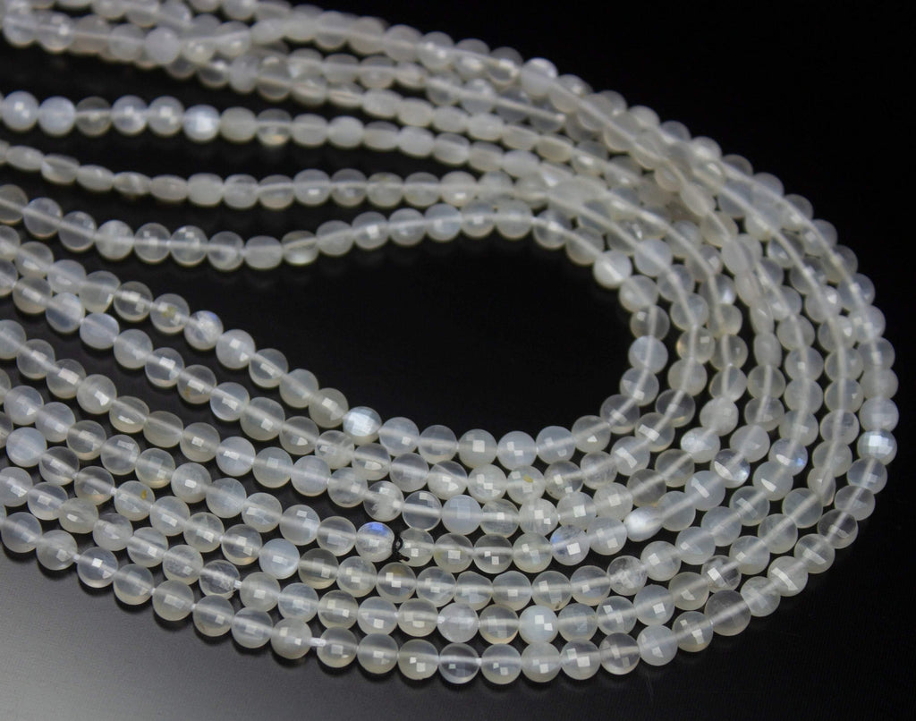 5 strands, 13 inch, 4mm, White Moonstone Faceted Round Coin Loose Gemstone Beads Strand, Moonstone Beads - Jalvi & Co.