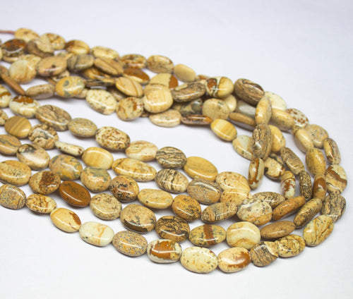 5 x 13 inch, 10-12mm, Brown Picture Jasper Smooth Oval Beads, Picture Jasper Beads - Jalvi & Co.