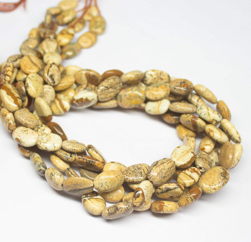 5 x 13 inch, 10-12mm, Brown Picture Jasper Smooth Oval Beads, Picture Jasper Beads - Jalvi & Co.