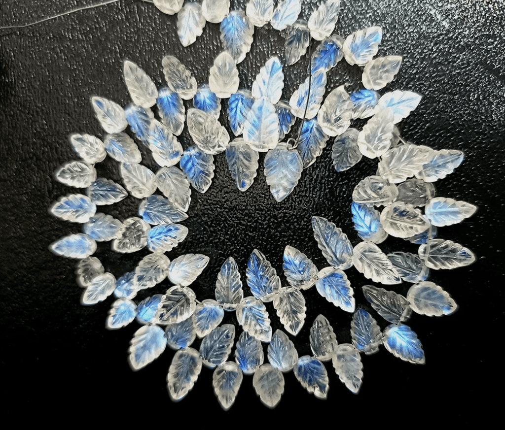 50 Pcs, Blue Flash Rainbow Moonstone Carving Pear Shape Beads, Size 8-10mm Approx - Jalvi & Co.