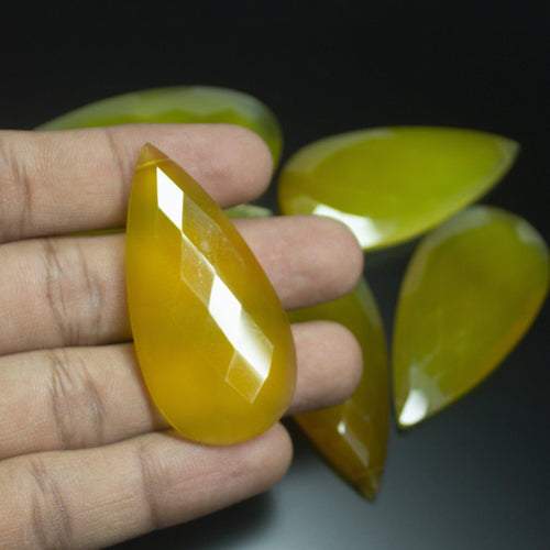 51x25mm, Yellow Chalcedony Checker Pear Drop Briolette Loose Gemstone Beads - Jalvi & Co.