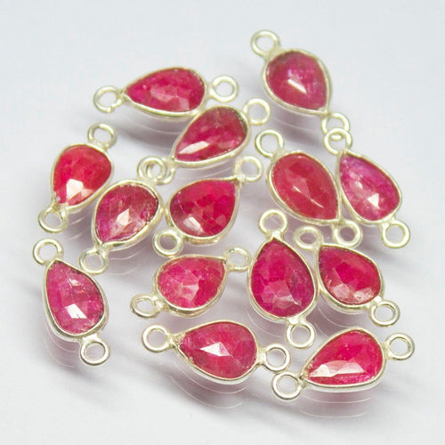 5pc, 15mm, Natural Red Ruby Checker Pear Briolette 925 Sterling Silver Connector, Ruby Connector - Jalvi & Co.