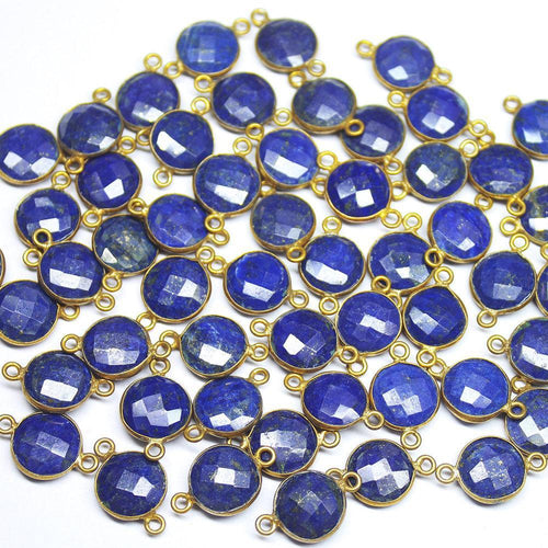 5pc, 17mm, Lapis Lazuli Faceted Round Coin Shape 925 Sterling Silver Gold Vermeil Connector, Lapis Lazuli Connector - Jalvi & Co.