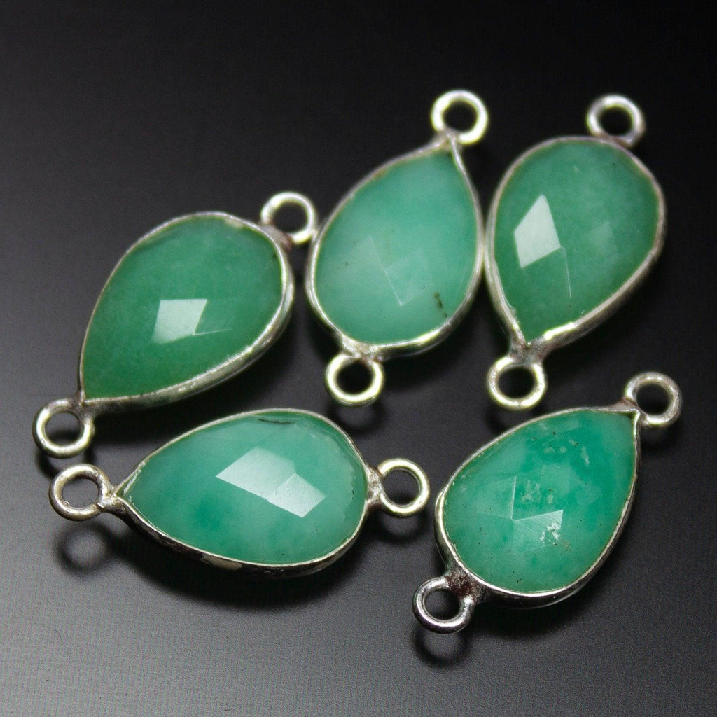 5pc, 18mm, Chrysoprase Checker Pear Briolette 925 Sterling Silver Connector, Chrysoprase Connector - Jalvi & Co.