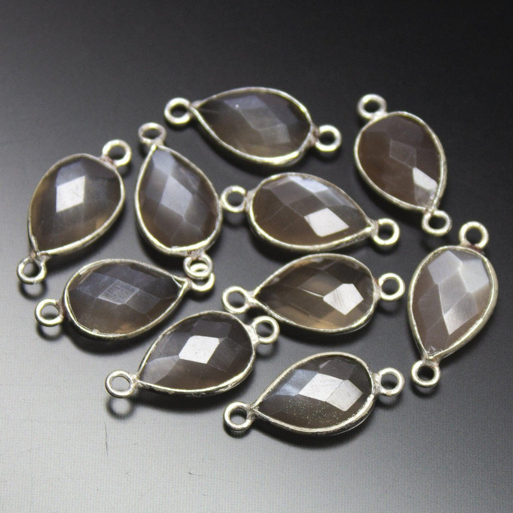 5pc, 18mm, Grey Moonstone Checker Pear Briolette 925 Sterling Silver Connector, Moonstone Connector - Jalvi & Co.
