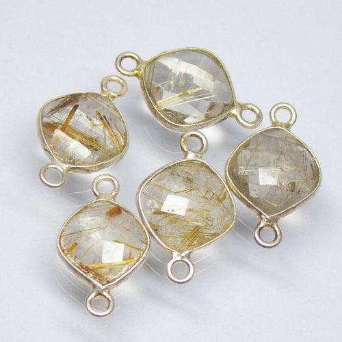 5pc, 18mm, Natural Golden Rutile Quartz Checker Cushion Briolette 925 Sterling Silver Connector, Rutile Quartz Connector - Jalvi & Co.
