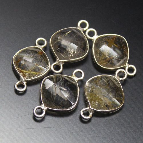 5pc, 18mm, Natural Golden Rutile Quartz Checker Cushion Briolette 925 Sterling Silver Connector, Rutile Quartz Connector - Jalvi & Co.