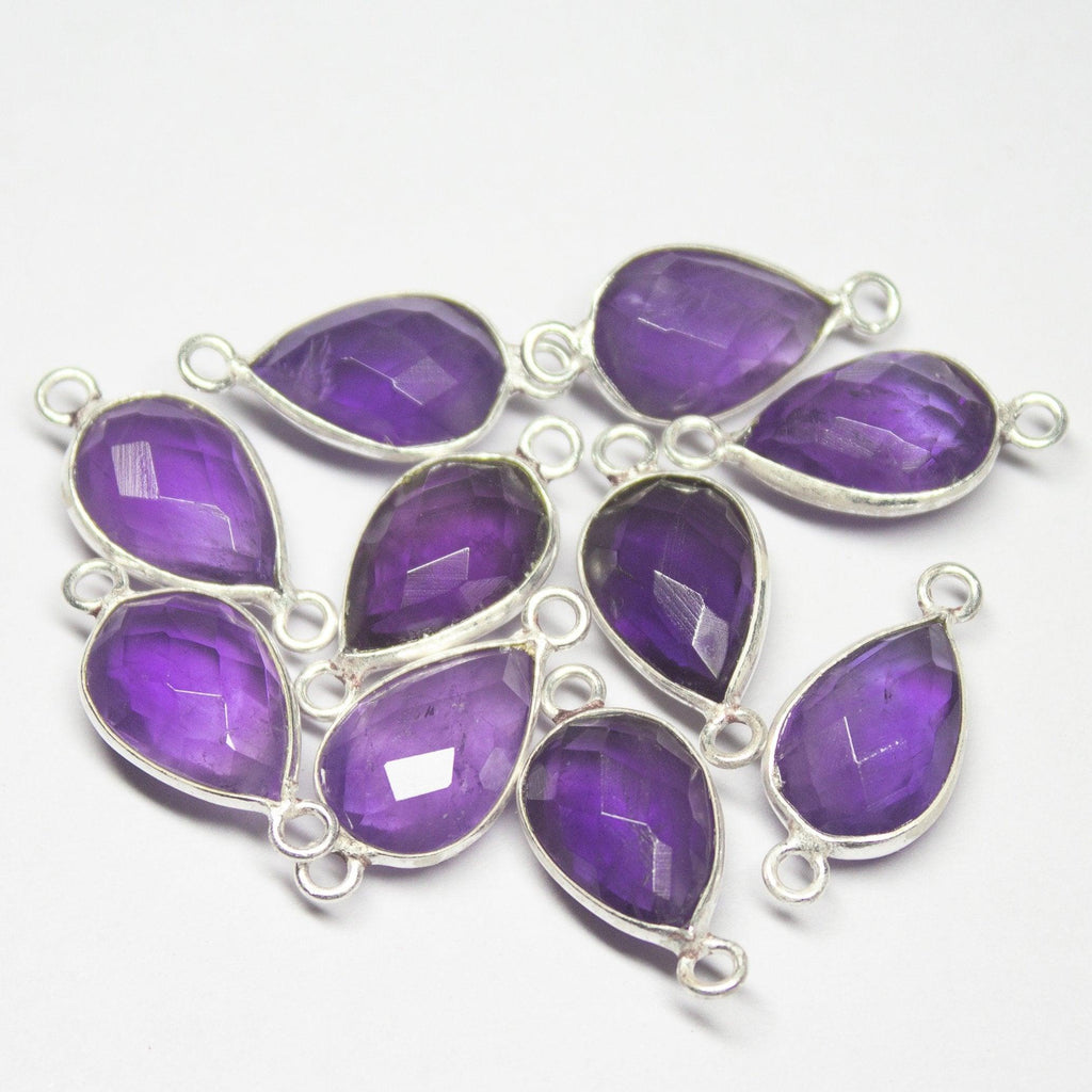 5pc, 18mm, Purple Amethyst Checker Pear Briolette 925 Sterling Silver Connector, Amethyst Connector - Jalvi & Co.