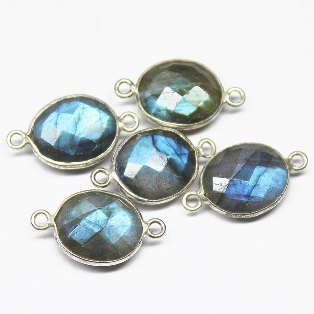 5pc Natural Blue Flash Labradorite Oval Checker 925 Sterling Silver Connector - Jalvi & Co.