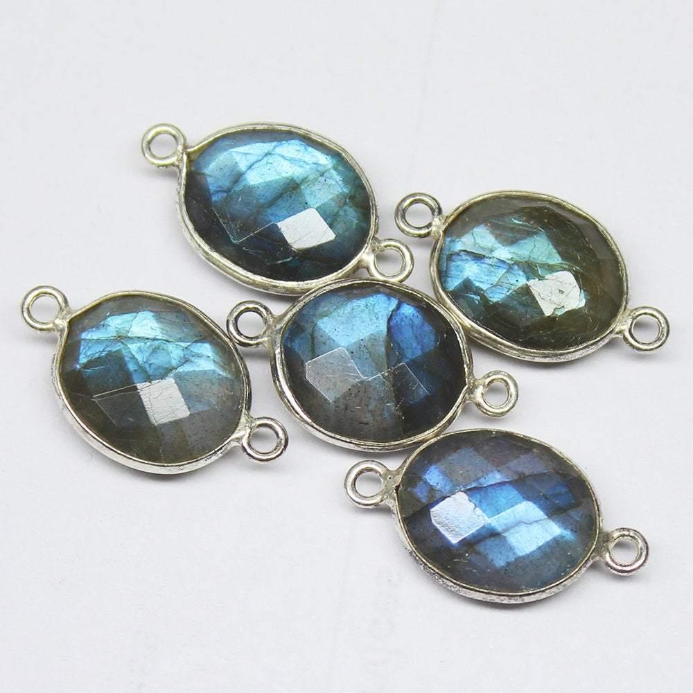 5pc Natural Blue Flash Labradorite Oval Checker 925 Sterling Silver Connector - Jalvi & Co.