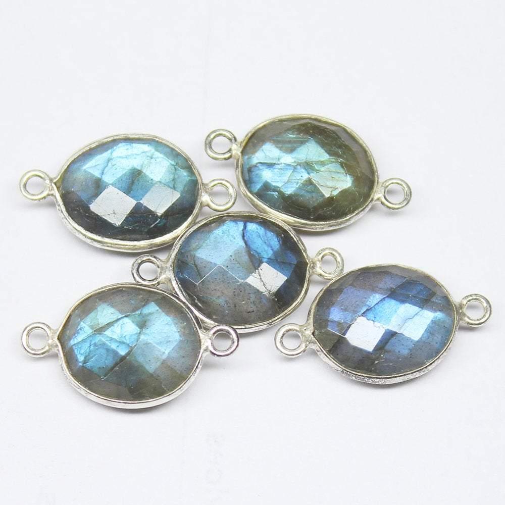 5pc Natural Blue Flash Labradorite Oval Checker 925 Sterling Silver Connector - Jalvi & Co.