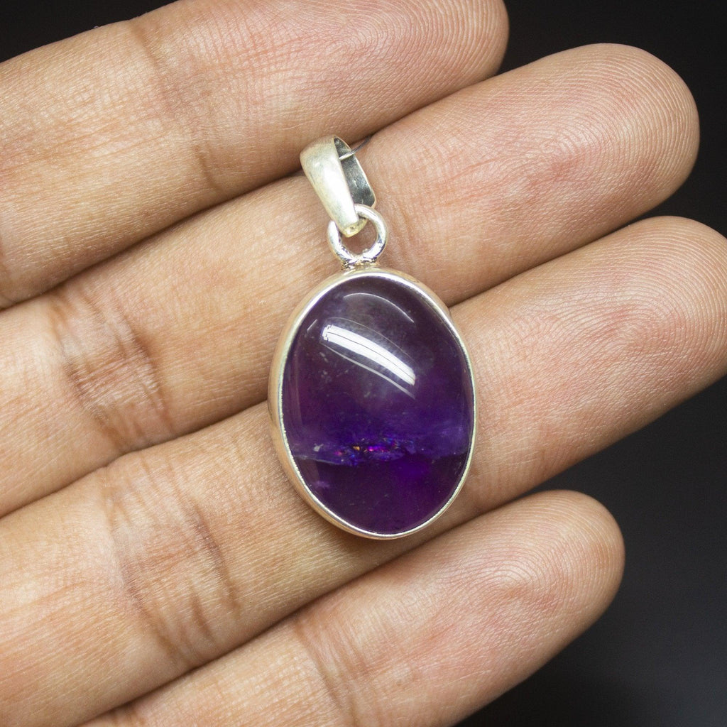 6.4gm Natural Amethyst Oval Shape 925 Sterling Silver Bezel Pendant, Amethyst Pendant - Jalvi & Co.