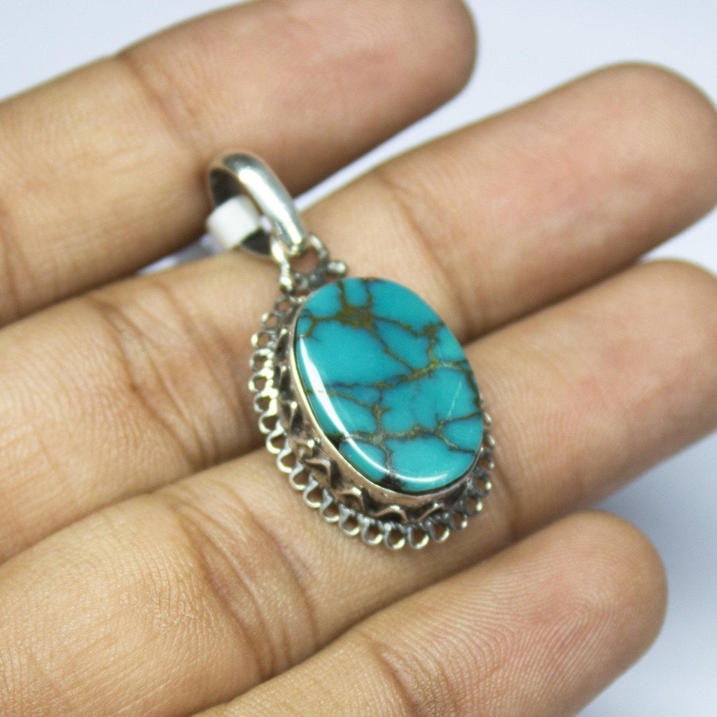 6.70gm Natural Turquoise Designer Oval Shape 925 Sterling Silver Bezel Pendant, Turquoise Pendant - Jalvi & Co.