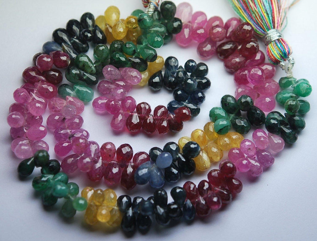 6 Inch Strand,Super-Finest- Natural Multi Precious Faceted Drops Emerald, Ruby, Blue Sapphire,Yellow Sapphire,Pink Sapphire 7-8mm - Jalvi & Co.