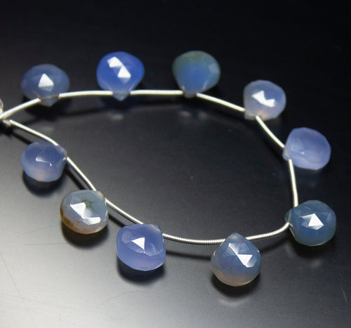6 inches, 10-12mm, Natural Blue Chalcedony Faceted Heart Drop Briolette Beads, Chalcedony Beads - Jalvi & Co.