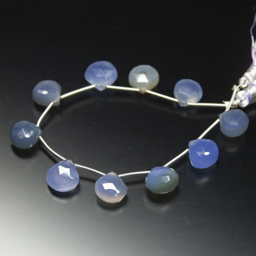 6 inches, 10-12mm, Natural Blue Chalcedony Faceted Heart Drop Briolette Beads, Chalcedony Beads - Jalvi & Co.