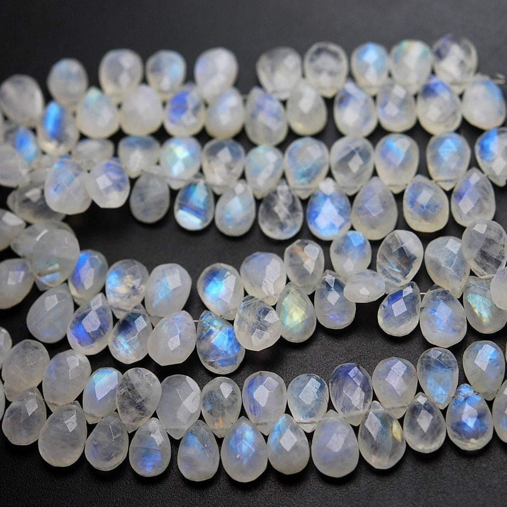 6 Inches, Finest Quality,Blue Flashy Rainbow Moonstone Faceted Pear Shaped Briolettes, 8X12mm - Jalvi & Co.