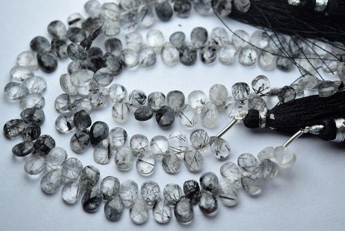 6 Inches Strand, Natural Black Rutilated Quartz Faceted Pear Shaped Briolettes, 7X5mm - Jalvi & Co.