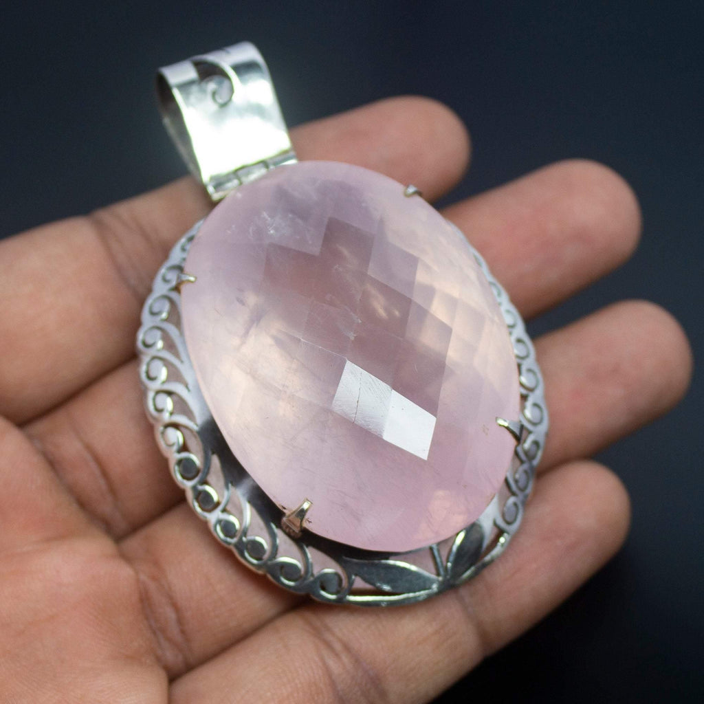 63g, Totally Handmade Natural Rose Quartz Oval Shape 925 Sterling Silver Pendant - Jalvi & Co.