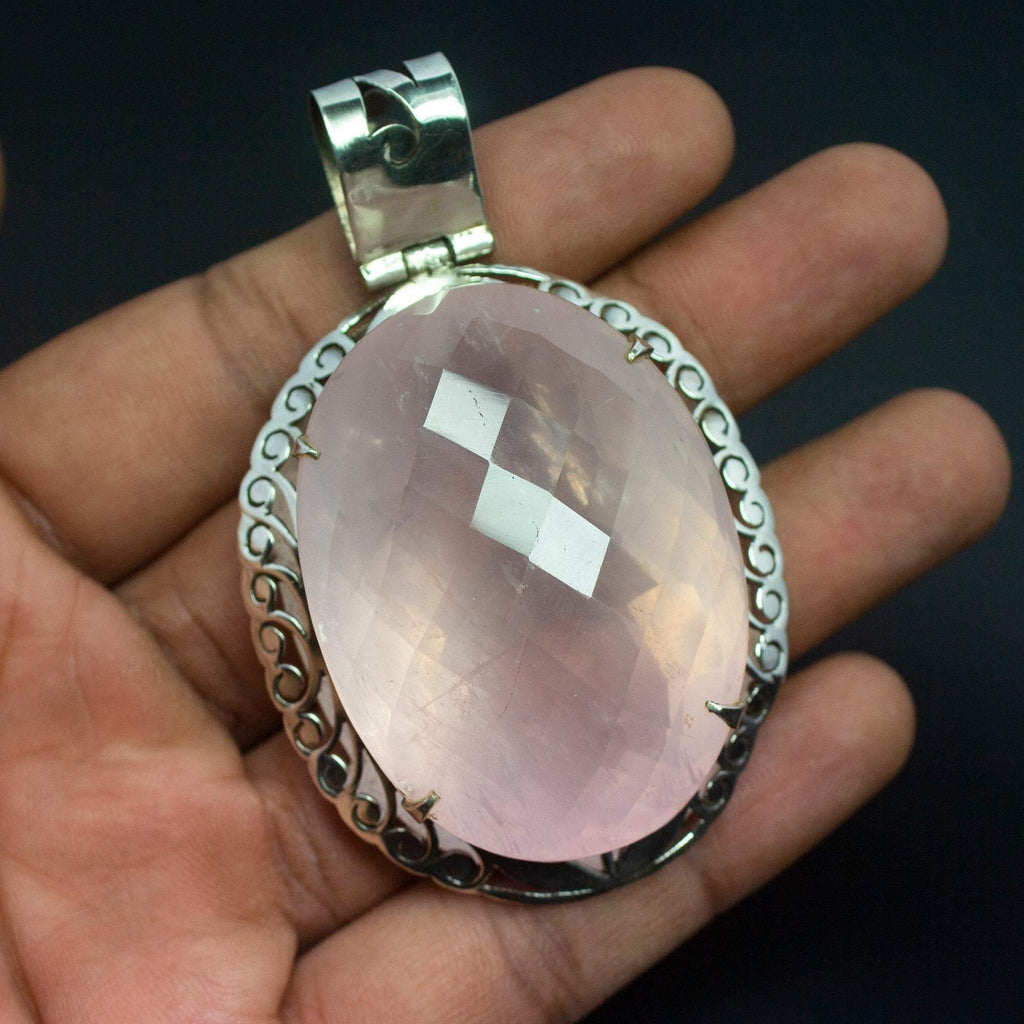 63g, Totally Handmade Natural Rose Quartz Oval Shape 925 Sterling Silver Pendant - Jalvi & Co.