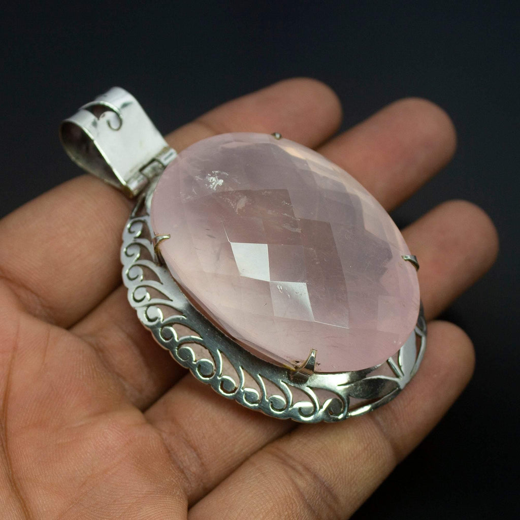 63g, Totally Handmade Natural Rose Quartz Oval Shape 925 Sterling Silver Pendant - Jalvi & Co.