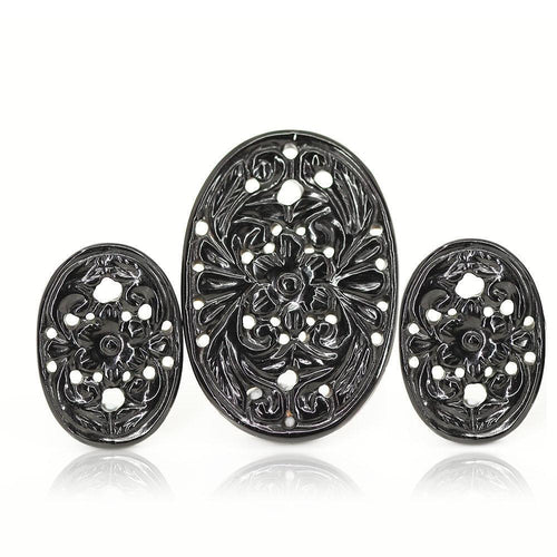 64.5cts Natural Black Onyx Oval Loose Gemstone Amazing 3pc Carving Fancy Set - Jalvi & Co.