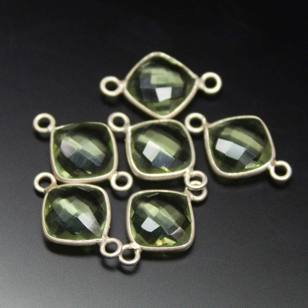 6pc, 16mm, Green Amethyst Quartz Cushion Briolette 925 Sterling Silver Connector, Quartz Connector - Jalvi & Co.