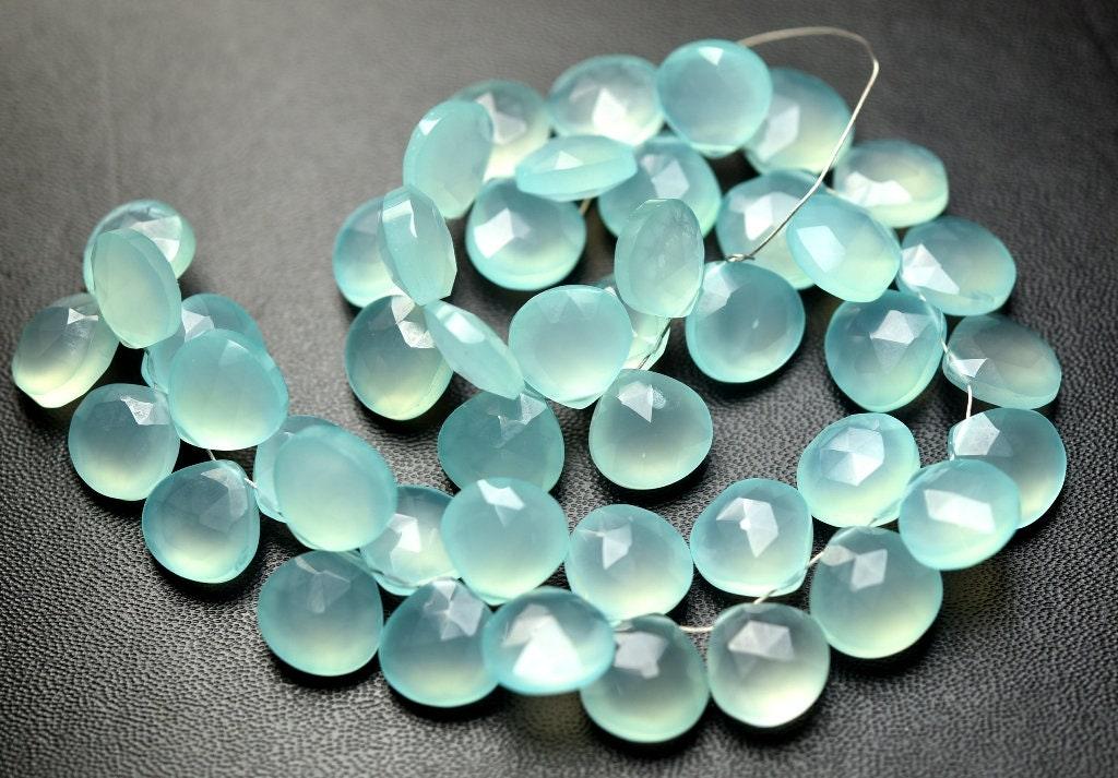 7" 11mm Natural Aqua Chalcedony Faceted Heart Shape Briolettes Gemstone Beads Strand - Jalvi & Co.