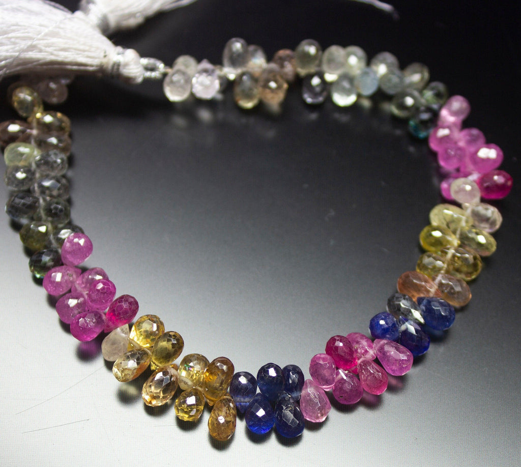 7.5 inches, 6-7mm, Natural Multi Sapphire Faceted Teardrop Briolette Loose Gemstone Beads - Jalvi & Co.