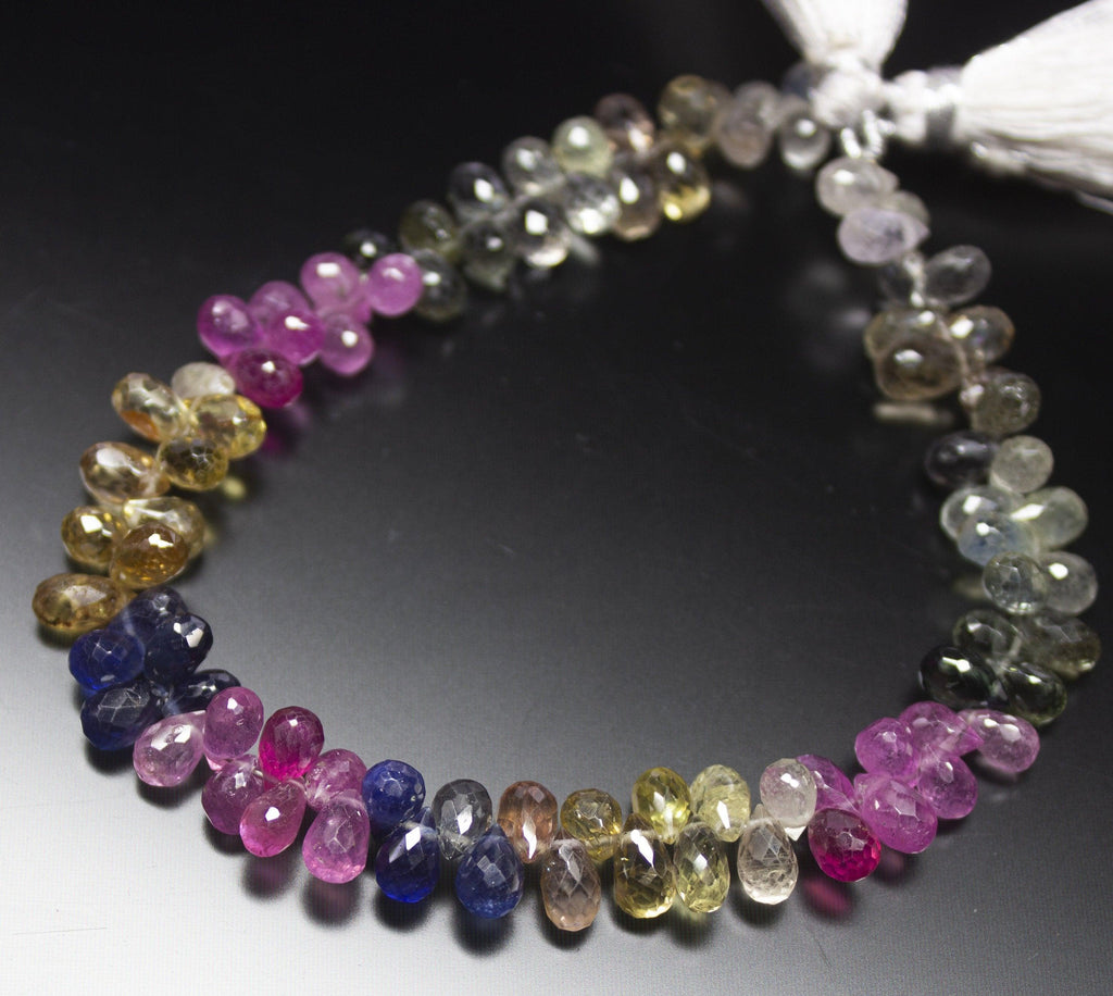 7.5 inches, 6-7mm, Natural Multi Sapphire Faceted Teardrop Briolette Loose Gemstone Beads - Jalvi & Co.