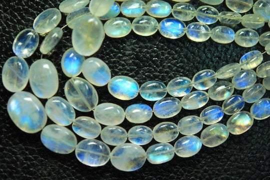 7.5 Inches Strand Blue Flashy Rainbow Moonstone Smooth Polished Oval Shape Nuggets 8-10mm - Jalvi & Co.