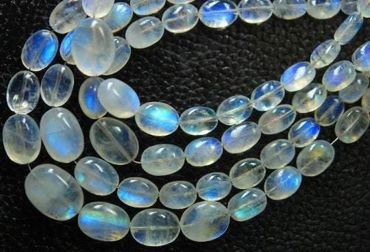 7.5 Inches Strand Blue Flashy Rainbow Moonstone Smooth Polished Oval Shape Nuggets 8-10mm - Jalvi & Co.