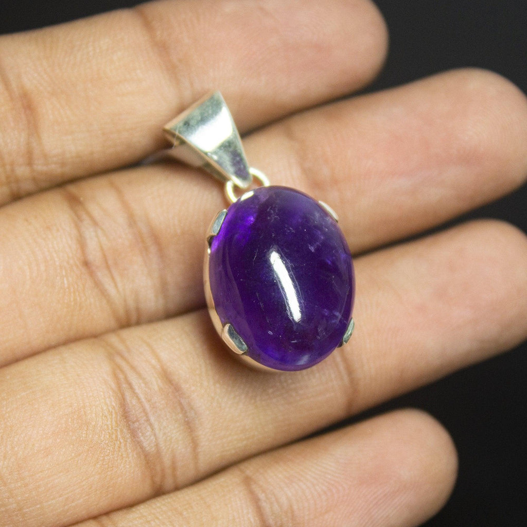 7.80gm Purple Amethyst Plain Oval Cabochon Shape 925 Sterling Silver Bezel Pendant - Jalvi & Co.