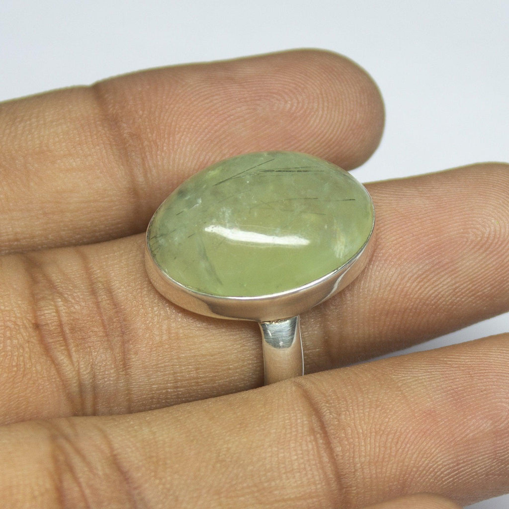 7.83gm Natural Prehnite Oval Shape 925 Sterling Silver Bezel Ring, Prehnite Ring - Jalvi & Co.