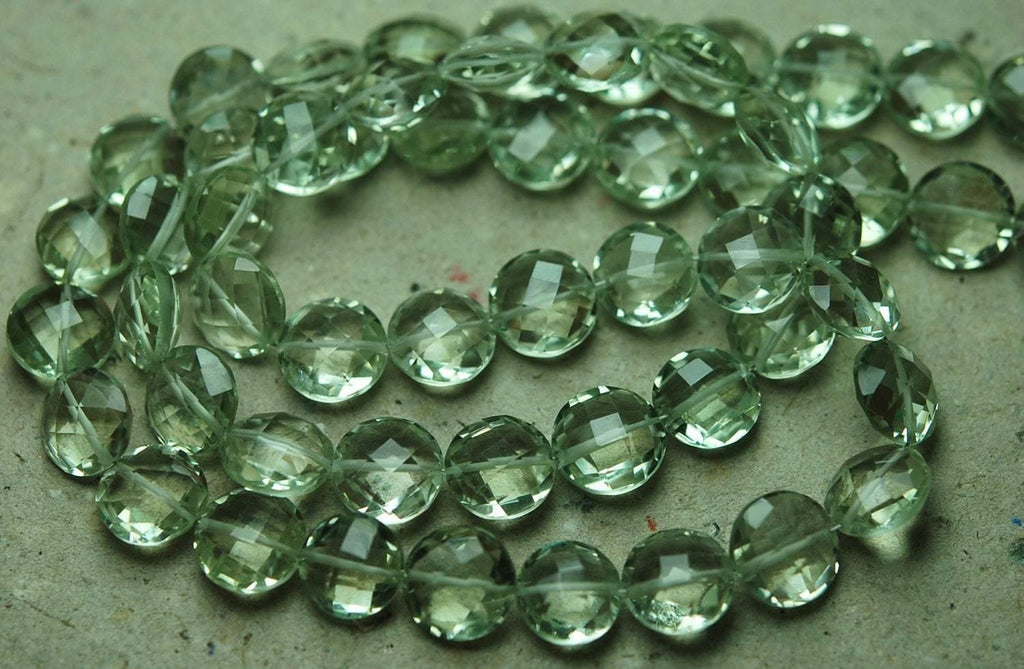 7 Inch Strand, Finest Quality, Natural Green Amethyst Matched Pair 10mm Size, Faceted Coins Shaped Briolettes - Jalvi & Co.