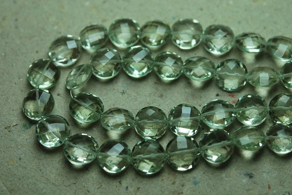 7 Inch Strand, Finest Quality, Natural Green Amethyst Matched Pair 10mm Size, Faceted Coins Shaped Briolettes - Jalvi & Co.
