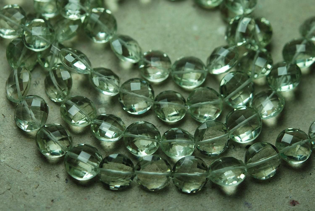 7 Inch Strand, Finest Quality, Natural Green Amethyst Matched Pair 10mm Size, Faceted Coins Shaped Briolettes - Jalvi & Co.
