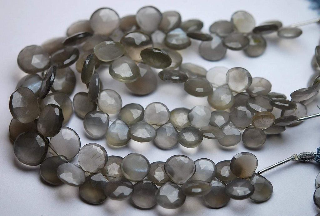 7 Inch Strand, Finest Quality, Natural Grey Moonstone Faceted Heart Shape Briolettes, 9-10mm Size - Jalvi & Co.