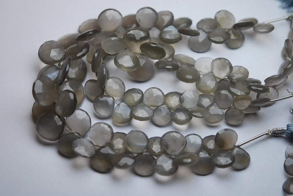 7 Inch Strand, Finest Quality, Natural Grey Moonstone Faceted Heart Shape Briolettes, 9-10mm Size - Jalvi & Co.