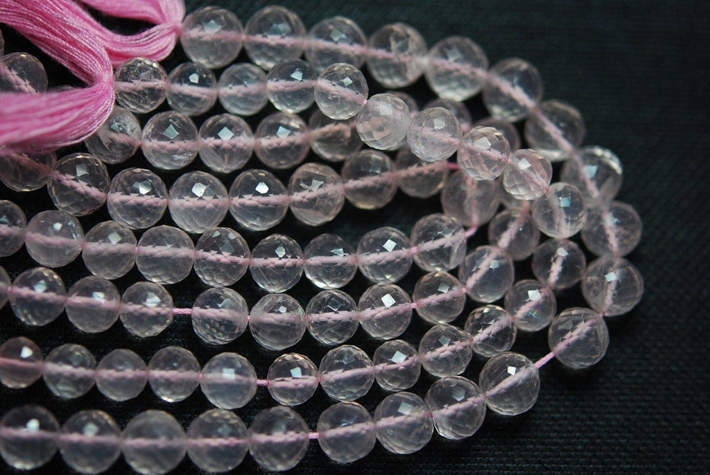 7 Inch Strand, Finest Quality, Rose Quartz Micro Faceted Round Balls Beads, 8mm Size - Jalvi & Co.