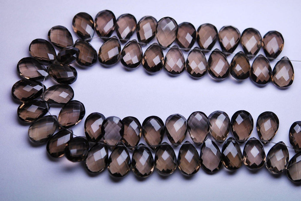 7 Inch Strand, Finest Quality,Matched Pair 7X10mm Size,Smoky Quartz Faceted Pear Shaped Briolettes - Jalvi & Co.