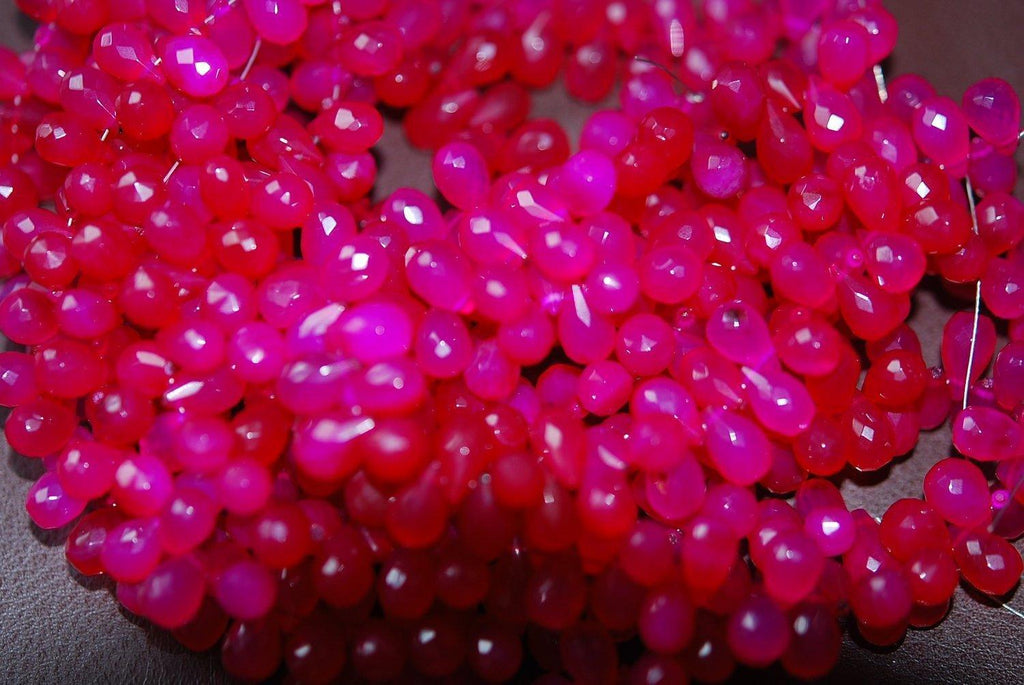 7 Inch Strand -Hot Pink Chalcedony Faceted Tear Drops Briolette, Size 7-9mm Approx - Jalvi & Co.