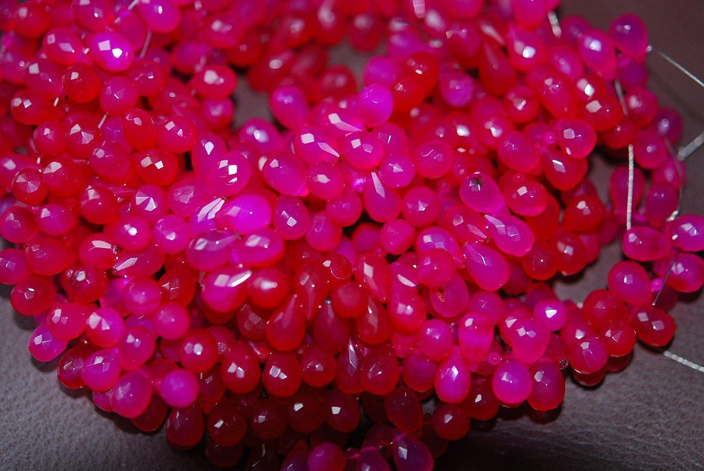 7 Inch Strand -Hot Pink Chalcedony Faceted Tear Drops Briolette, Size 7-9mm Approx - Jalvi & Co.