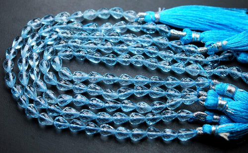 7 Inch Strand, Natural Sky Blue Topaz Micro Faceted Drops Shaped Briolettes, 6.5-7mm, Finest Quality - Jalvi & Co.