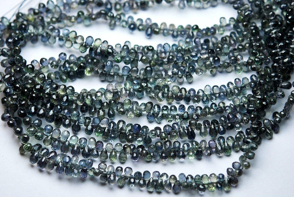 7 Inch Super Finest Natural Aaa Green Sapphire Faceted Teardrop Briolette Shaped Size 4-6mm Approx - Jalvi & Co.