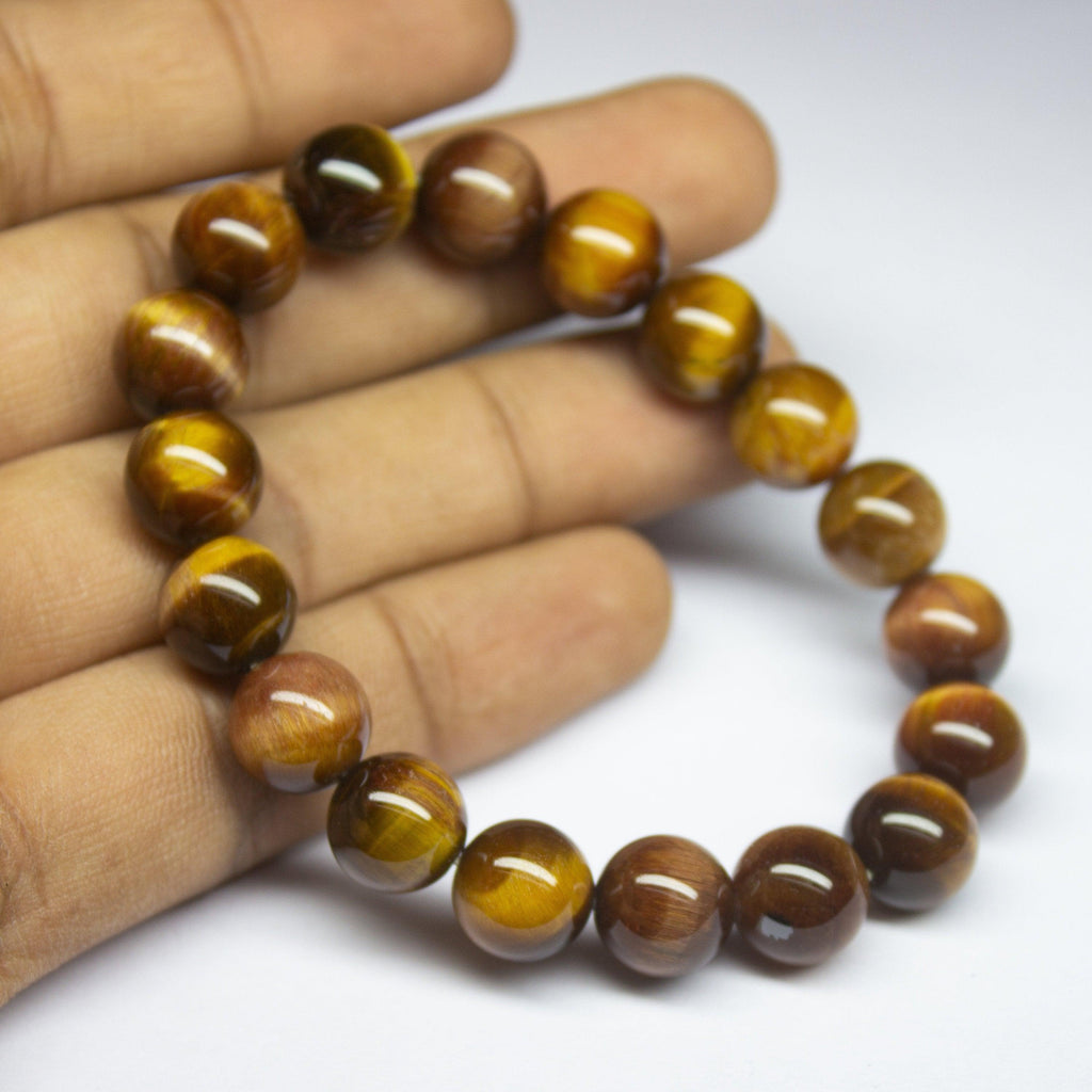 7 inches, 10mm, Natural Tiger's Eye Smooth Round Beaded Bracelet, Tiger Eye Bracelet - Jalvi & Co.