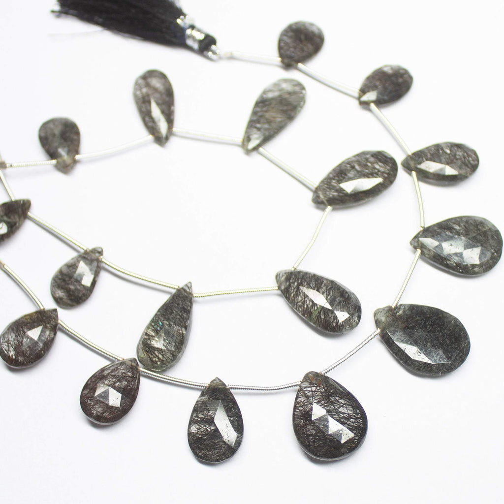 7 inches, 16-22mm, Natural Black Rutile Quartz Faceted Pear Drops Briolette Loose Beads - Jalvi & Co.