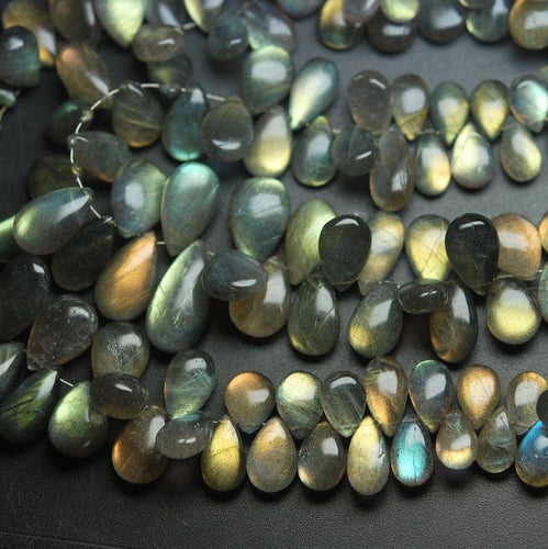 7 Inches, Super Finest Yellow Flash Labradorite Smooth Pear Shape Briolette's Size 8-12mm Approx. - Jalvi & Co.