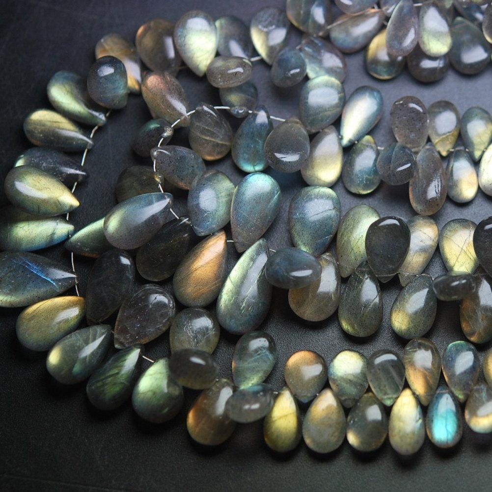 7 Inches, Super Finest Yellow Flash Labradorite Smooth Pear Shape Briolette's Size 8-12mm Approx. - Jalvi & Co.