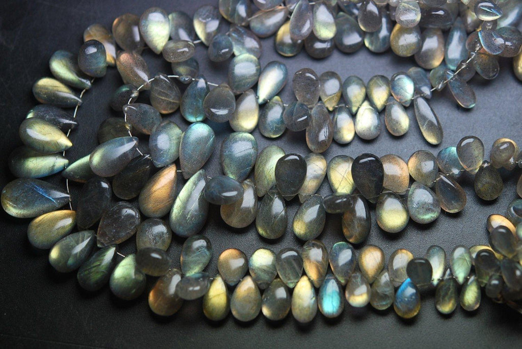 7 Inches, Super Finest Yellow Flash Labradorite Smooth Pear Shape Briolette's Size 8-12mm Approx. - Jalvi & Co.